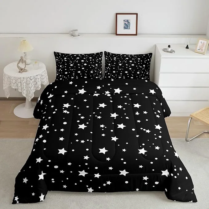 Secure Starry Sky Comforter Set King Size Galaxy Star Bedding Set for Kids Boys Girls Outer Space Down Comforter Black and White Geometric Polka Dots Quilt Set Warm Soft Bedroom Decor 2 Pillow Cases Trusted