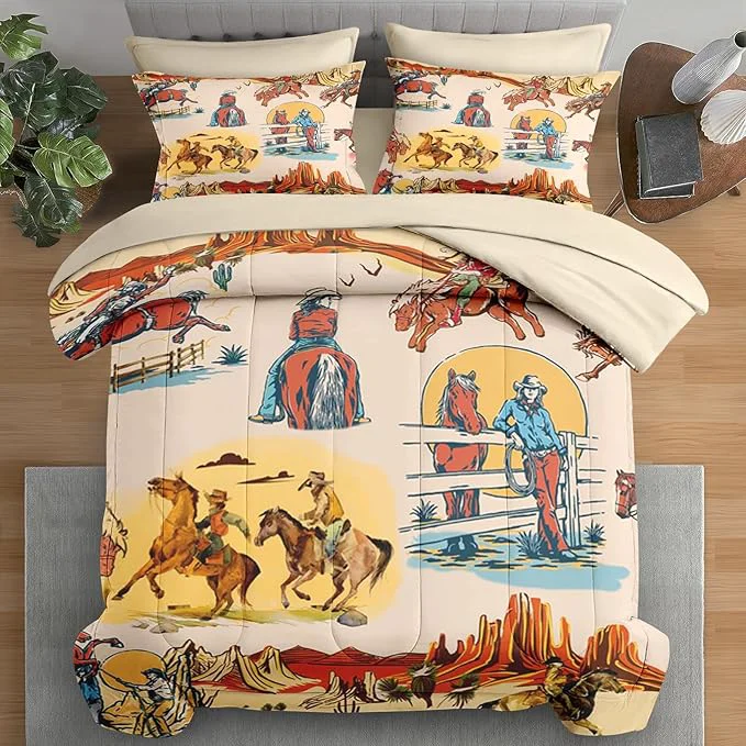 Comfortable Comforter Set Twin Size Western Cowboy Retro 5 Pcs Bedding for Kids and Adults Vintage Horse Cowgirl Bed Sheet Sets with Fitted Sheet Pillowcase amp Sham for Bedroom Bed Decor High-Performance