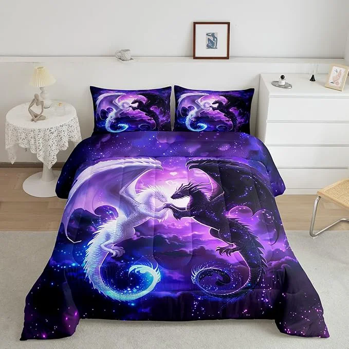 Soft Black White Dragon Comforter Set Queen Size Nebula Star Glitter Bedding Set for Kids Teens Couple Adults Room Decor Western al Wildlife Duvet Insert 3Pcs Animal Purple Quilt Set 2 Pillowcases Smooth