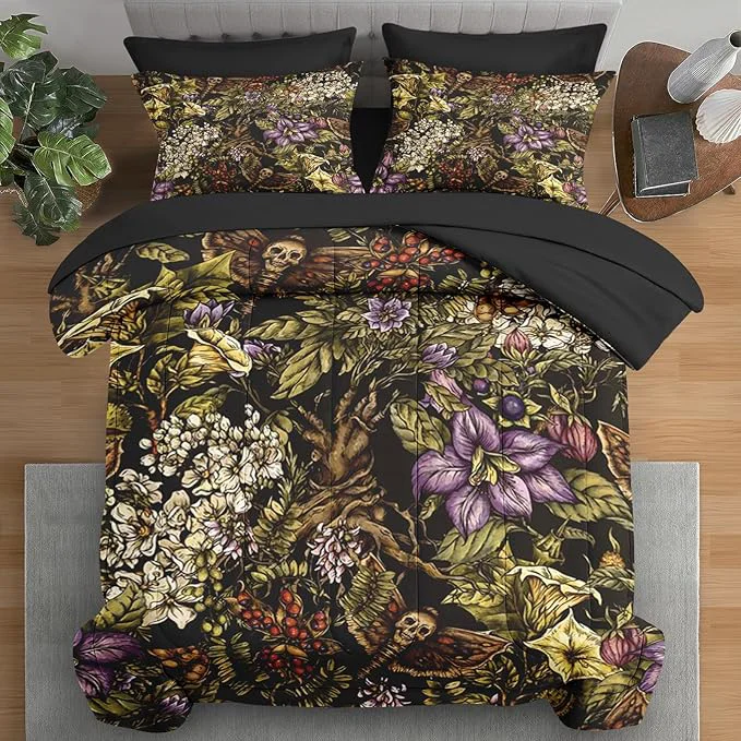 Organic Comforter Set Twin Size Gothic Flower Tree Plants 5 Pcs Bedding for Kids and Adults Death Moth Green Bed Sheet Sets with Fitted Sheet Pillowcase amp Sham for Bedroom Bed Decor Trendy