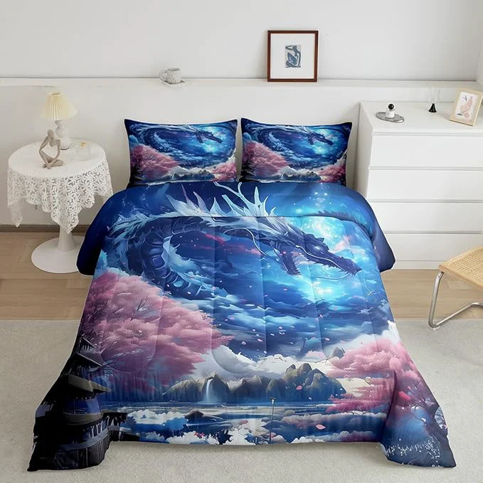 Original Design Dragon Comforter Set Western al Style Animals Theme Bedding Set King Size 3Pcs Kids Boys Girls Room Decor Pink Cherry Blossom Printed Quilt Set Starry Sky Mountains Duvet Insert 2 Pillowcases Reusable