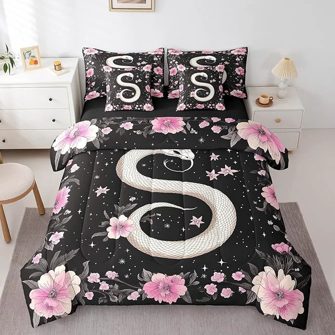Versatile jejeloiu Boho Snake Bedding Set 7Pcs Full Size Kids Bohemian Comforter Set with Sheets for Boys Girls Floral Flower Bed in a Bag Soft Lightweight Microfiber Efficient