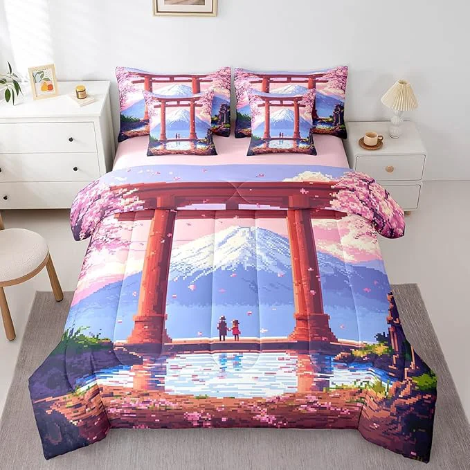 High-End jejeloiu Pink Japan Bedding Set 7Pcs Twin Size Kids Anime Mount Fuji Comforter Set with Sheets for Boys Girls Pixel Bed in a Bag Soft Lightweight Microfiber Artisan