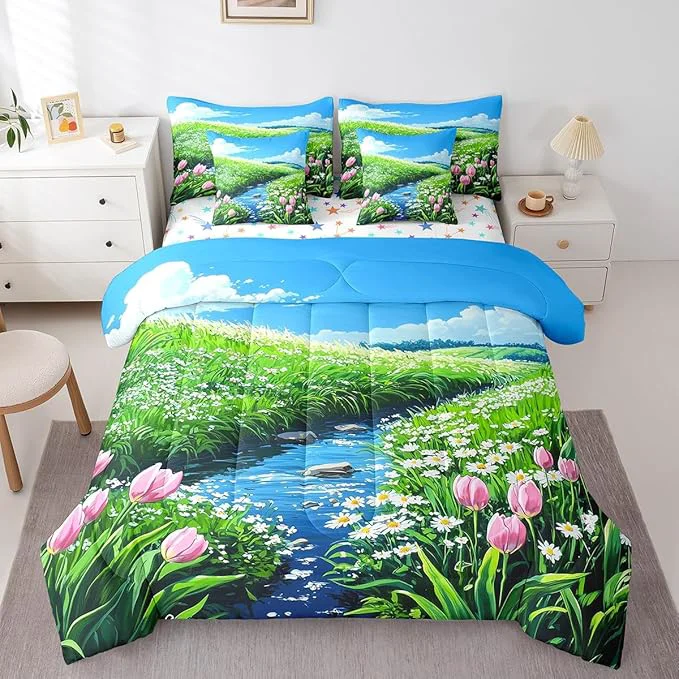 Refined jejeloiu Cute Anime Floral Bedding Set 7Pcs Queen Size Kids Tulip Floral Comforter Set with Sheets for Boys Girls Flower River Bed in a Bag Soft Lightweight Microfiber Dependable