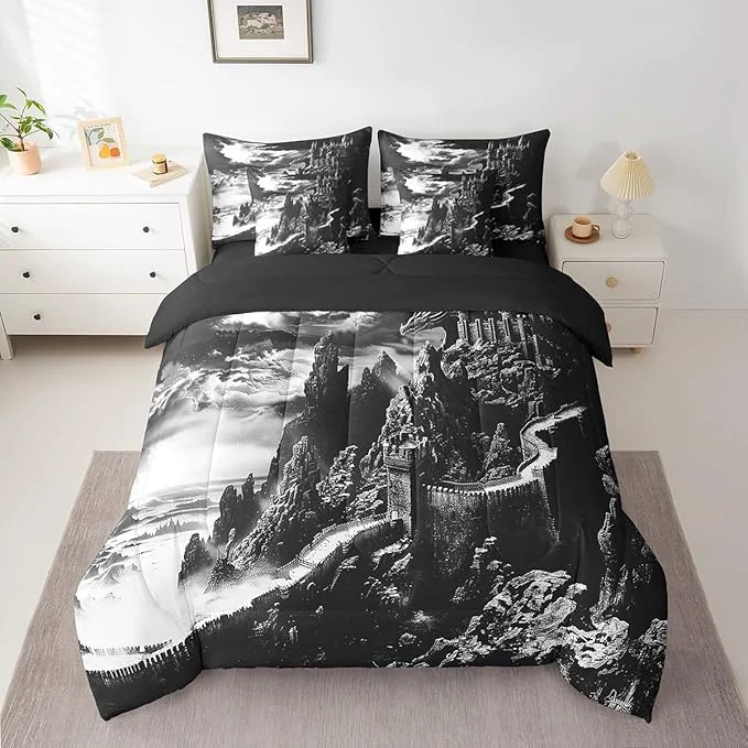 World-Class Erosebridal Gothic Dragon Comforter Set 7 Piece Bed in a Bag Twin Vintage Mythical Animal Bedding Sets Fantasy Castle Dark Sky Sheet Set with Comforter Efficient