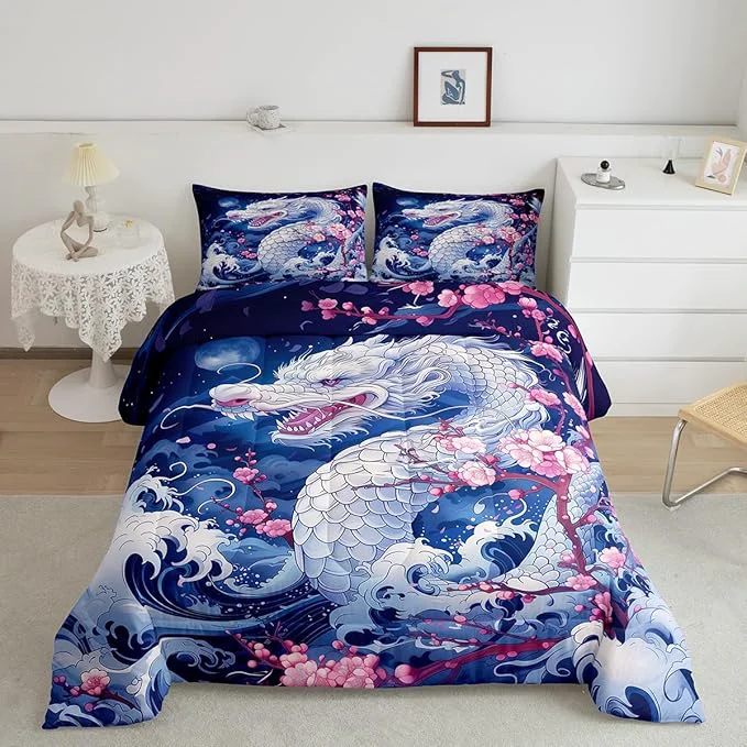 Outstanding Dragon Comforter Set Queen Size Japanese Style Pink Cherry Blossom Bedding Set 3Pcs Kids Girls Boys Teens Bedroom Decor Blue Sea Waves Quilt Set al Wild Animals Duvet Insert 2 Pillowcases World-Class