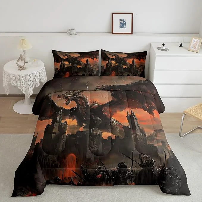 World-Class 3D Dragon Comforter Set Full Size Vintage Old Castle Bedding Set for Kids Boys Girls Room Decor Grey Red Retro Microfiber Soft Quilt Set Fire Dragon Wildlife Theme Duvet Insert 3Pcs 2 Pillowcases Trendy