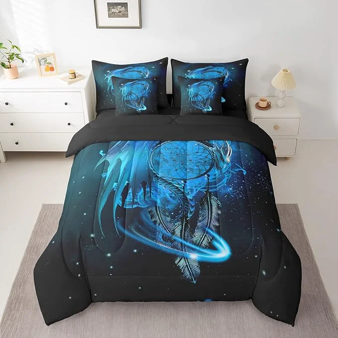 Top-Quality Erosebridal Gothic Dragon Dream Catchers Bed in a Bag Queen Comforter Set 7 Piece Blue Galaxy Bohemian Feather Bedding Sets Antique Animal Pterosaur Sheet Set with Comforter Long-Lasting