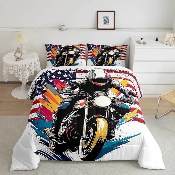 Green Feelyou Dirt Bike Comforter Set Toddler Size American Flag Comforter Extreme Sports Bedding Set Racing Motocross Rider Duvet Set Room Decor White Quilt Set Smooth