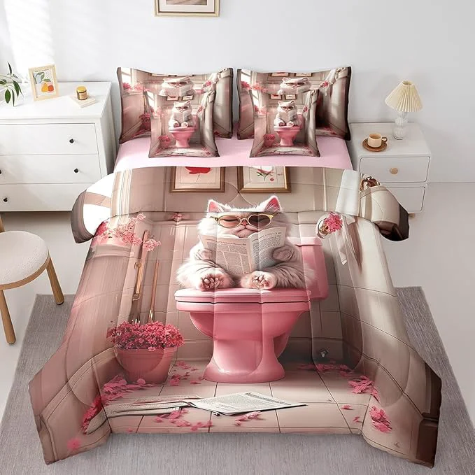 Fine Crafted jejeloiu Cute Cat Bedding Set 7Pcs Full Size Kids Kawaii Kitten Comforter Set with Sheets for Boys Girls Pink Bed in a Bag Soft Lightweight Microfiber Breathable