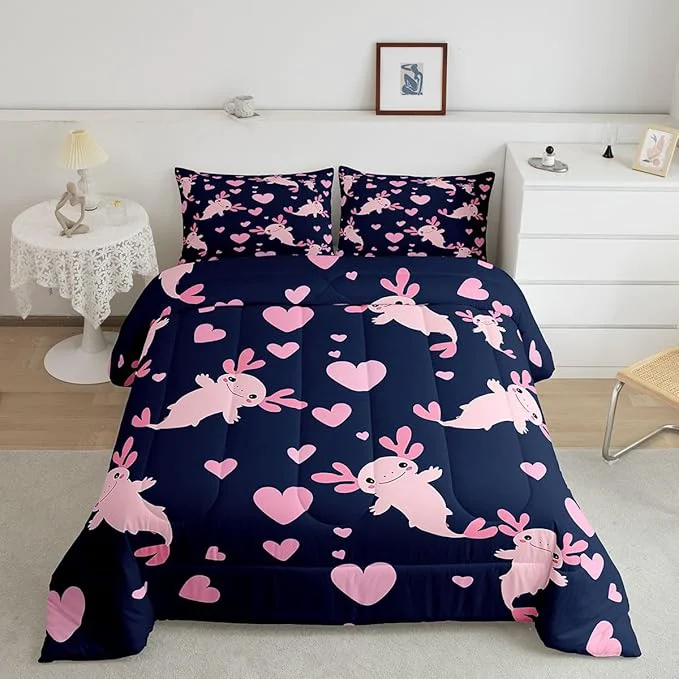 Quality Feelyou Axolotl Comforter Set Toddler Size Heart Comforter for Boys Girls Teens Cute Axolotl Bedding Set Cartoon Salamander Duvet Set Room Decor Navy Blue Pink Quilt Set Fast