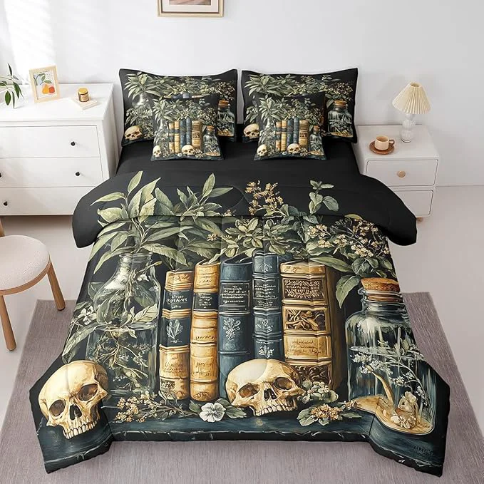 Powerful jejeloiu Dark Academia Bedding Set 7Pcs Twin Size Kids Skull Mystical Comforter Set with Sheets for Boys Girls Goth Bed in a Bag Soft Lightweight Microfiber Traditional