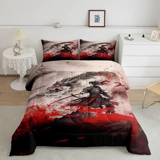 Easy-to-Use Dragon Comforter Set King Size Japanese Samurai Bedding Set Kids Boys Teens Men Room Decor al Animals 3D Dragon Quilt Set Western Wildlife Theme Black Red Ink Style Duvet Insert 2 Pillowcases Modern