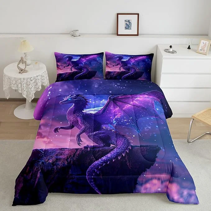 Traditional 3D Purple Dragon Comforter Set Twin Size al Wild Animal Duvet Insert 2Pcs Galaxy Nebula Starry Sky Fantasy Bedding Set for Kids Boys Girls Room Decor Modern Trippy Quilt Set 1 Pillowcase Certified