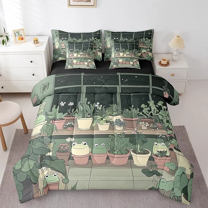 Premium jejeloiu Cute Frog Bedding Set 7Pcs Queen Size Kids Cartoon Comforter Set with Sheets for Boys Girls Plant Bed in a Bag Soft Lightweight Microfiber Trusted