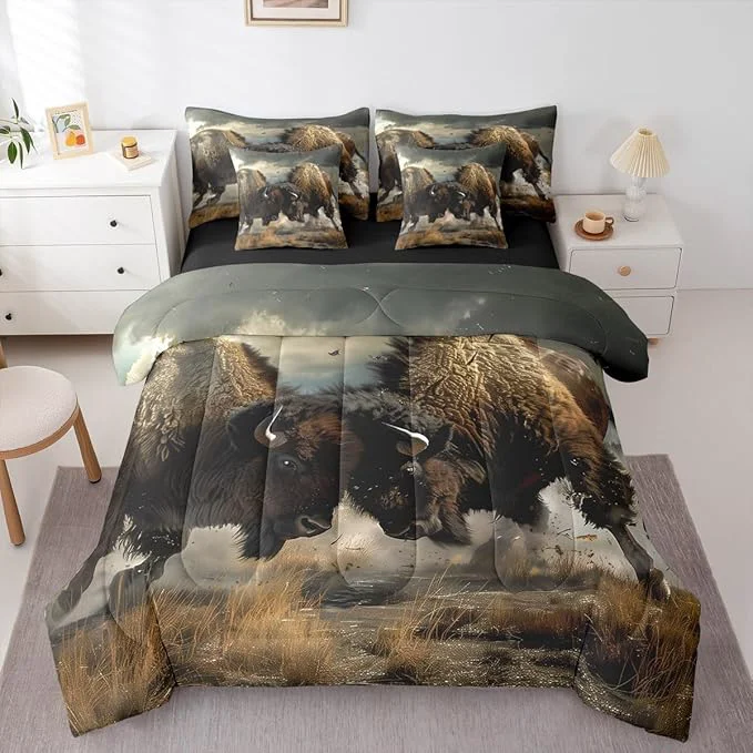 Excellent Erosebridal Indian Bison Comforter Set 7 Piece Bed in a Bag Twin Bullfight Competitive Sports Bedding Sets Bull Western Animals Sheet Set with Comforter Premium Material