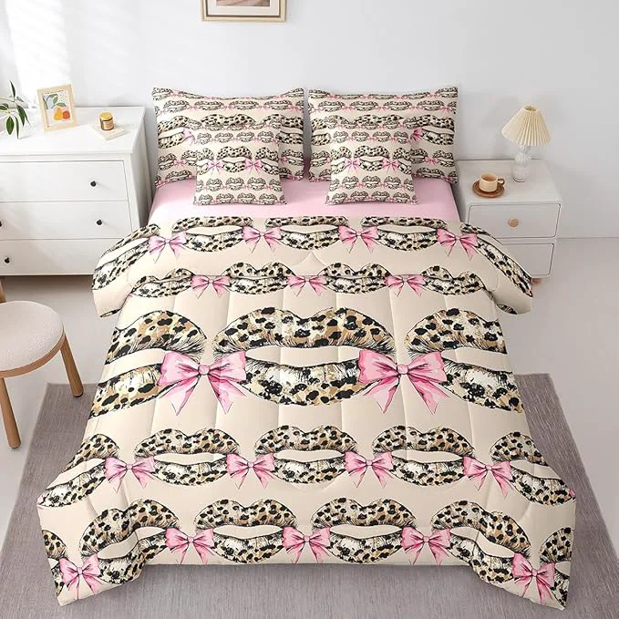 Selected jejeloiu Leopard Kiss Lips Bedding Set 7Pcs Queen Size Kids Pink Bow Comforter Set with Sheets for Boys Girls Vintage Bed in a Bag Soft Lightweight Microfiber Minimalist