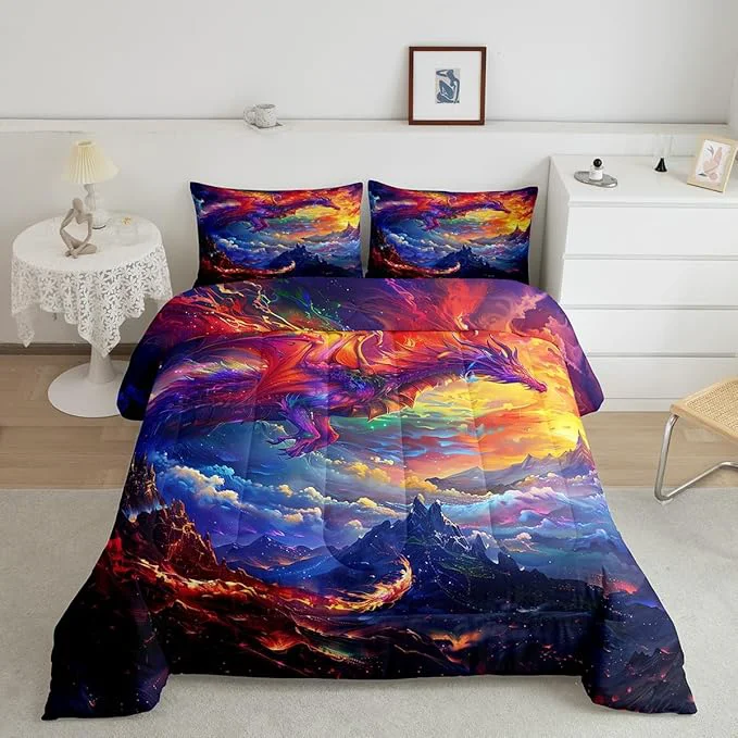 Fine Dragon Comforter Set King Size Starry Sky and Flame Mountain Bedding Set 3Pcs Kids Girls Boys Teens Room Decor al Animals Quilt Set Purple Western Wildlife Theme Duvet Insert 2 Pillowcases Proven