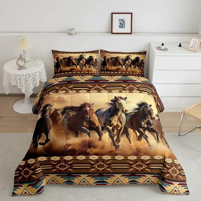 Proven Feelyou Boho Comforter Set Full Size Horses Comforter Southwestern Native Aztec Bedding Set Retro Exotic Boho Duvet Set Room Decor Dark Brown Quilt Set Recyclable
