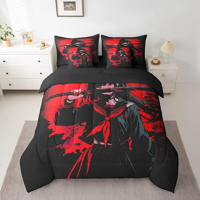 Versatile Erosebridal Japanese Anime Bedding Set 7 Piece for Kids Anime Girl Comforter Sets Queen Size Japanese Girl Sheet Set for Girls Teens Adult Kawaii Animation Red Black Bed in A Bag Machine Washable Sophisticated