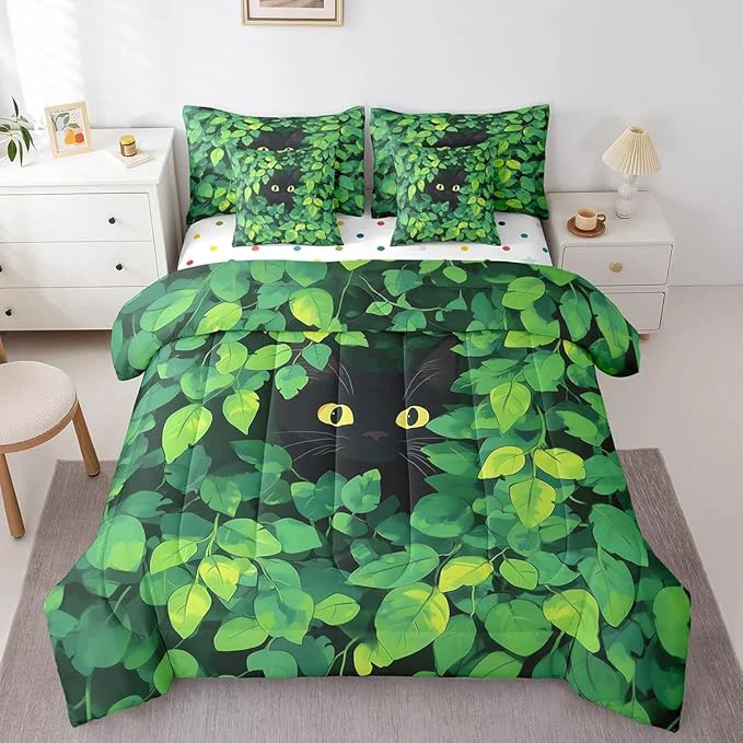 jejeloiu Cute Cat Bedding Set 7Pcs Full Size Kids Kawaii Kitten Comforter Set with Sheets for Boys Girls Green Plant Bed in a Bag Soft Lightweight Microfiber Traditional