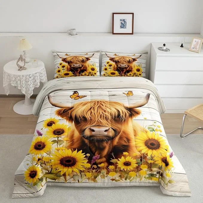 Reliable Feelyou Highland Cow Comforter Set Toddler Size Highland Cattle Comforter for Boys Girls Teens Animal Bedding Set Wildlife Duvet Set Room Decor Yellow Beige Quilt Set Pure