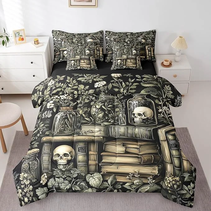 Artisan jejeloiu Dark Academia Bedding Set 7Pcs Full Size Kids Skull Comforter Set with Sheets for Boys Girls Goth Bed in a Bag Soft Lightweight Microfiber Green