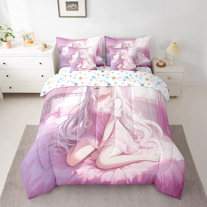 Detailed Erosebridal King Size Japanese Anime 7 Piece Comforter Set Anime Girl Bedding Set Kawaii Japanese Style Bed in A Bag Cartoon Japan Animation Sheet Set for Boys Teen Adult Women Bedroom Pink Casual
