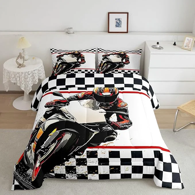 Smart Feelyou Dirt Bike Comforter Set King Size Racing Motocross Rider Comforter for Boys Girls Teens Extreme Sports Bedding Set Flag Duvet Set Room Decor Off White Quilt Set Premium