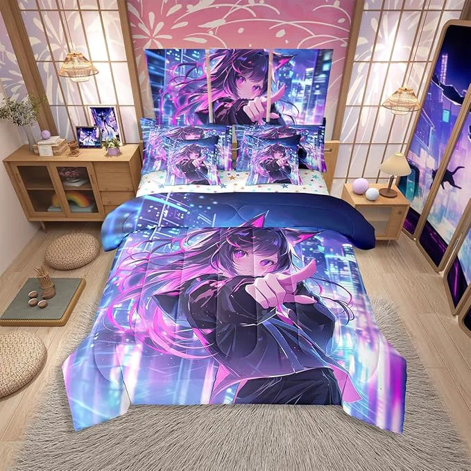Next-Generation Erosebridal Kids Anime Girl 7 Piece Comforter Set Queen Bed in A Bag Japanese Anime Bedding Sets Cartoon Girl Sheet Set with Comforter for Boys Teens Adult Kawaii Japanese Animation Bed Sets Environmentally Friendly