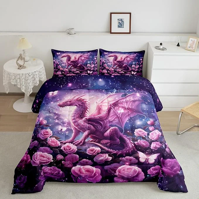 Organic Pink Dragon Comforter Set Queen Size Rose Flower Galaxy Butterfly Bedding Set for Kids Boys Girls Room Decor Glitter Starry Sky Fantasy Duvet Insert 3Pcs Wild Animal Nature Quilt Set 2 Pillowcases Consistent