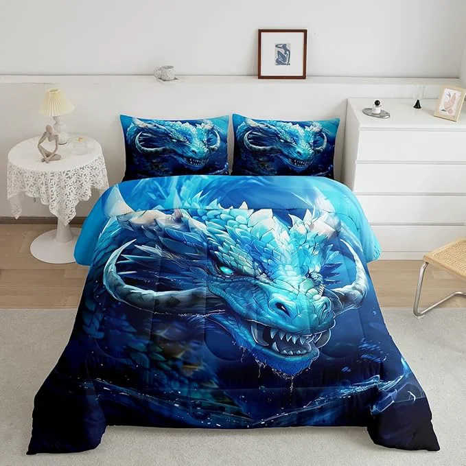 Effective Vivid Dragon Comforter Set King Size Gothic Nature Animal Bedding Set for Kids Boys Teens Men Room Decor Western al Dragon Duvet Insert 3Pcs Boho Exotic Wildlife Soft Quilt Set 2 Pillowcases Easy-to-Use