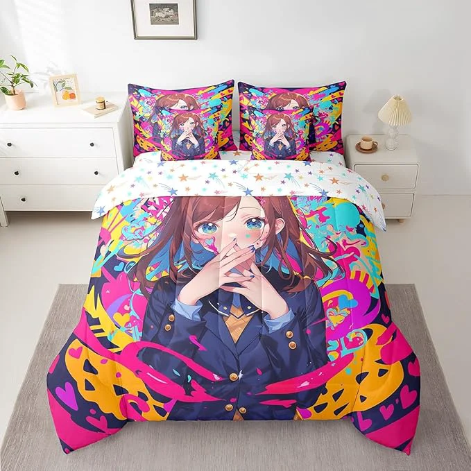Sustainable Erosebridal Anime Girl King Bedding Set 7 Piece Japanese Anime Comforter Set for Kids Girls Teens Adult Bedroom Cartoon Girl Comforter Sets with Sheet Kawaii Japanese Animation Bed in A Bag Functional