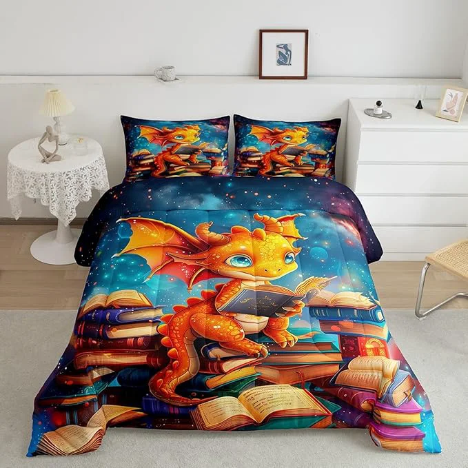 Fast Cartoon Dragon Bedding Set Full Size Glitter Star Galaxy Nebula Comforter Set for Kids Boys Girls Room Decor al Book Pattern Duvet Insert 3Pcs Wild Animal Outer Space Quilt Set 2 Pillowcases Stylish