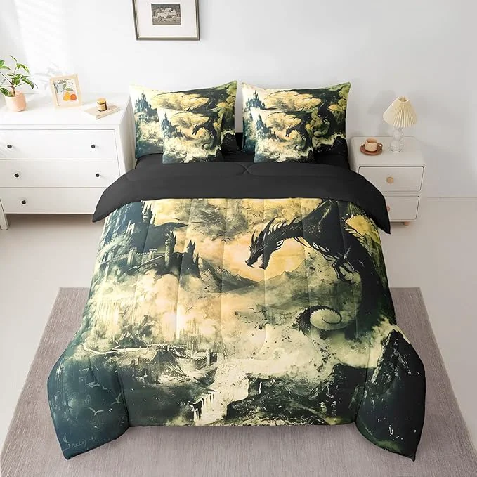 Enhanced Erosebridal Gothic Dragon Bed in a Bag Queen Comforter Set 7 Piece Vintage Black Fantasy Castle Bedding Sets Prehistoric Antique Animal Sheet Set with Comforter Stylish