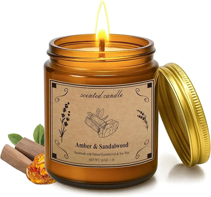 Fine Crafted Scented Candles 16oz Large Jar Soy Wax Candle – Amber Sandalwood Breathable