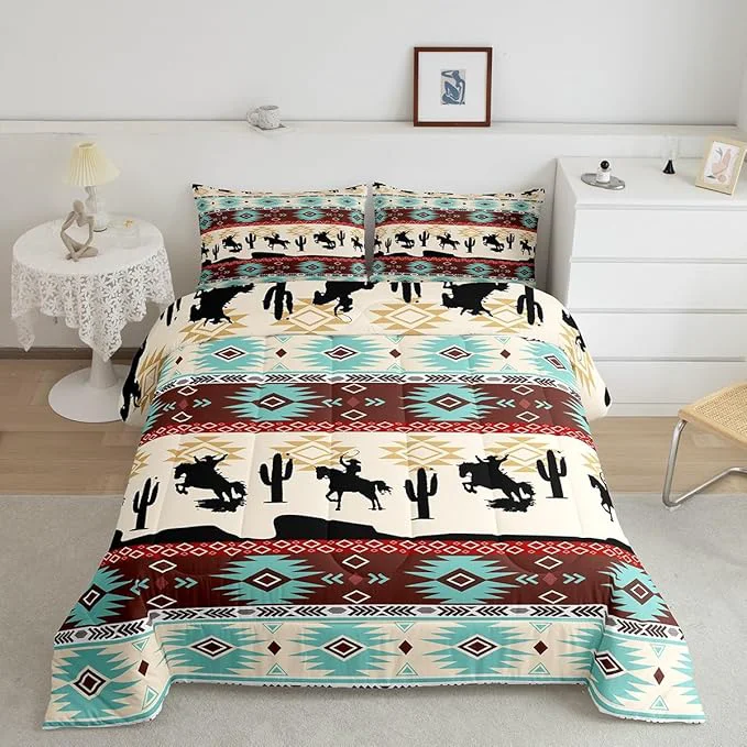 Organic Feelyou Boho Comforter Set Full Size Horses Comforter Southwestern Native Aztec Bedding Set Farmhouse Wildlife Duvet Set Room Decor Beige Blue Quilt Set Comfortable