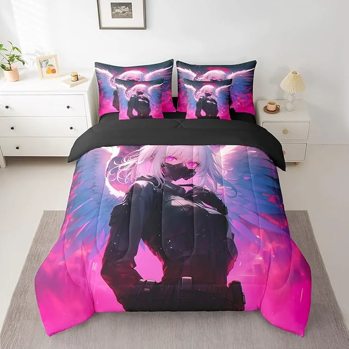 Artisan Erosebridal Full Japanese Anime Bed in A Bag Anime Girl Comforter Set with Sheets for Kids Girls Teens Men Bedroom Decor Cartoon Girl 7 Piece Bedding Set Kawaii Japanese Animation Bed Sets Sustainable
