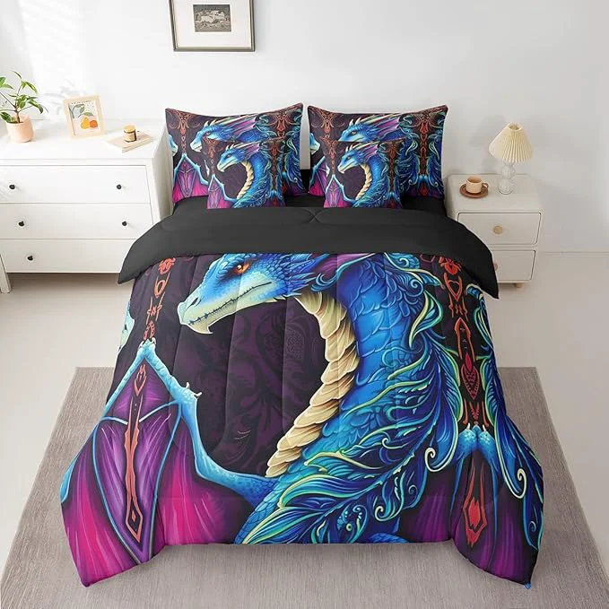 Quality Erosebridal 3D Dragon Bed in a Bag Queen Comforter Set 7 Piece Vintage Gothic Blue Dragon Bedding Sets Antique Wildlife Mythical Animal Sheet Set with Comforter Secure