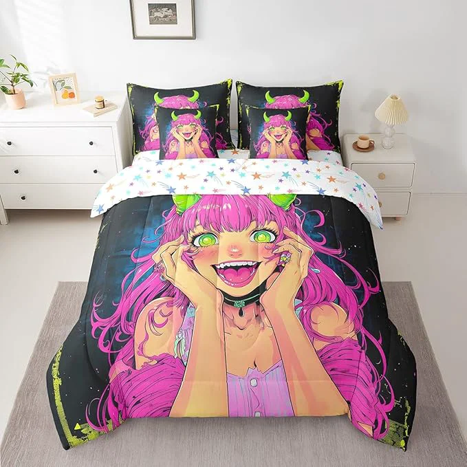 Consistent Erosebridal Anime Girl Bedding Set Full Size 7 Piece Bed in A Bag Japanese Anime Comforter Set for Kids Boys Teens Bedroom Decor Cartoon Girl Sheet Set Kawaii Japanese Animation Bed Set Long-Lasting