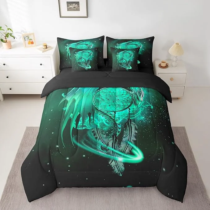 Specialty Erosebridal Gothic Dragon Dream Catchers 7 Piece Comforter Set Full Bed in a Bag Teal Galaxy Bohemian Feather Bedding Sets Antique Animal Pterosaur Sheet Set with Comforter Outstanding