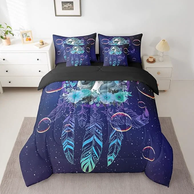 Fashionable Unicorn Bed in a Bag Queen Comforter Set 7 Piece Dream Catchers Feather Bedding Sets Dreamy Horse Animal Sheet Set with Comforter Dependable