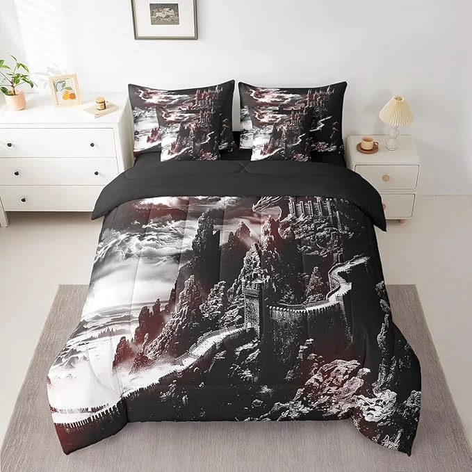 World-Class Erosebridal Gothic Dragon Bed in a Bag Queen Comforter Set 7 Piece Fantasy Castle Dark Sky Bedding Sets Vintage Mythical Animal Sheet Set with Comforter Elite
