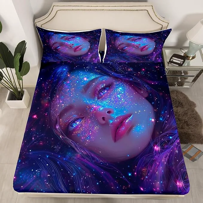 First-Class Erosebridal Anime Girl Bed Sheets Queen Size Galaxy Star Girls Fitted Sheet Modern Fantasy Dreamy Girly Bed Set for Men Women Japanese Girl 3D Sheets 3 Pieces No Flat Sheet Proven