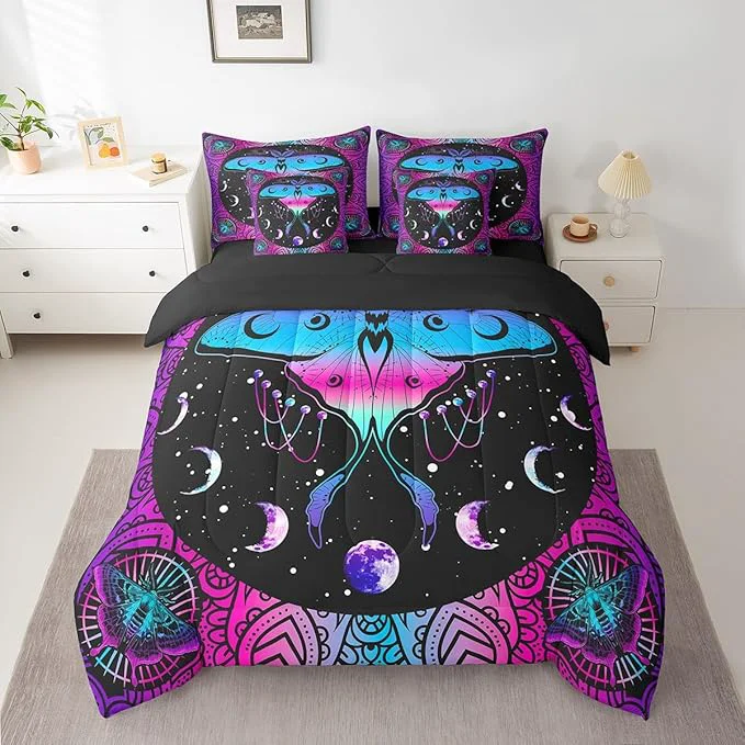 Effective Erosebridal Exotic Moth Comforter Set 7 Piece Bed in a Bag Twin Sun and Moon Bedding Sets Bohemian Flowers Sheet Set with Comforter Authentic