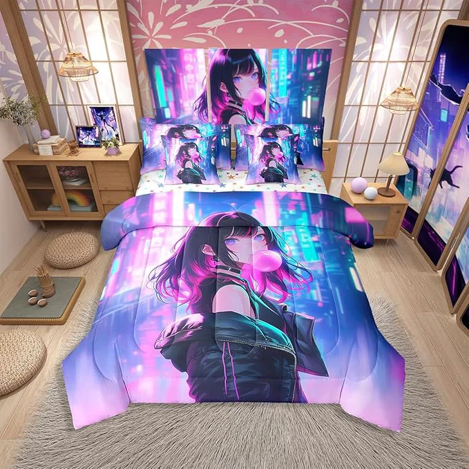 Next-Generation Erosebridal 7 Piece Anime Girl Comforter Set with Sheet King Size Kawaii Japanese Anime Bedding Set for Kids Boys Teens Adult Women Cartoon Girl Bed in a Bag Japan Animation Bedroom Decor Dependable