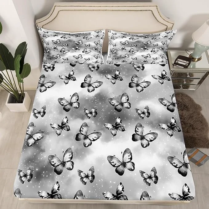 Premium Erosebridal Butterfly Fitted Sheet for Boys Girls Kids Dreamy Coquette Queen Bed Sheets Watercolor Gradient Grey Butterfly Sheets Galaxy Stars Print Bedding Sets No Top Sheet High-Performance