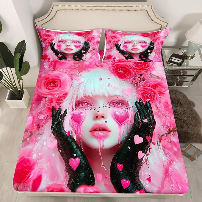 Reliable Erosebridal Pink Girl Bed Sheets Twin Size Romance Rose Flowers Toddler Bedding Sets for Girls Anime Fitted Sheet Modern Fashion Lady Art Love Hearts Sheets with 1 Pillowcase Premium