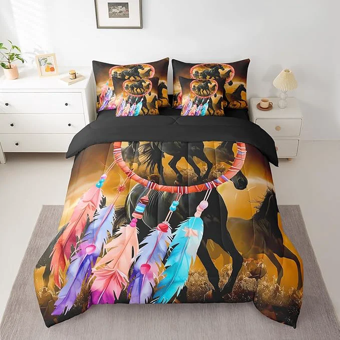 Reliable Erosebridal Horse Bed in a Bag King Size Comforter Set 7 Pieces Dream Catchers Feather Bedding Sets Western Animals Sheet Set with Comforter Soft