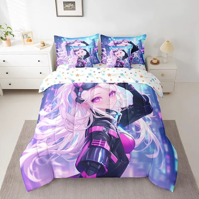 Sophisticated 7 Piece Girls Japanese Anime Bedding Set Queen Kawaii Anime Girl Comforter Sets Cartoon Girl Bed In A Bag For Kids Teens Adult Women Japanese Animation Sci Fi Style Sheet Sets With Comforter Proven